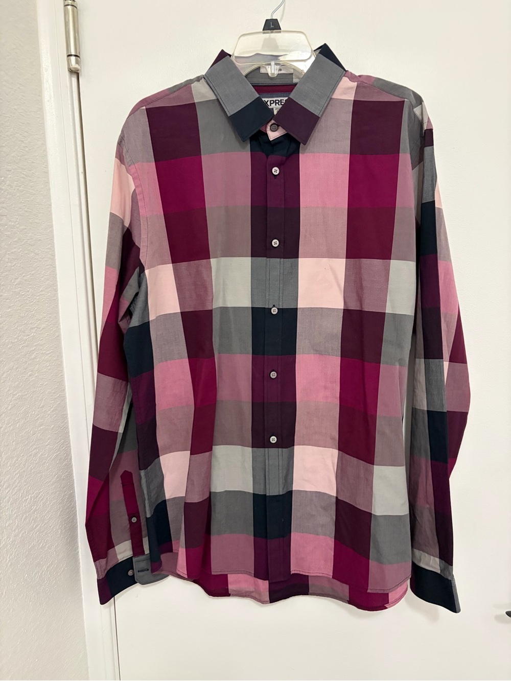 Express Men’s Burgundy and Pink Plaid Button-Down Shirt